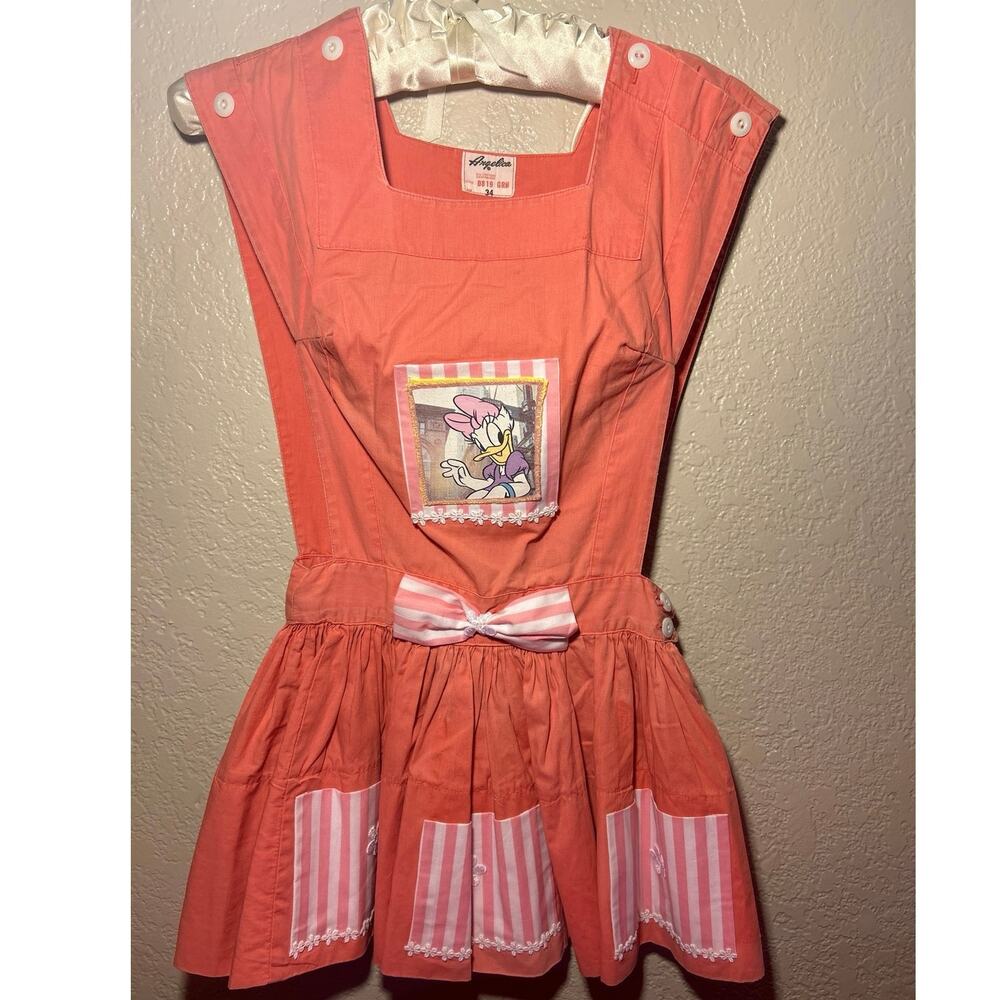 Vtg Upcycled Salmon Peach Pinafore, W/Donald & Daisy Duck Patch Angelica Sz 34,